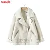 Tangada Women beige fur faux leather jacket coat with belt turn down collar Ladies Winter Thick Warm Oversized Coat 5B01 211029