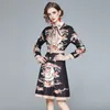 Fashion Designer Luxury Crown Flower Print Vinatge Dresses Women Celebrity Long Sleeve Bow Belt Slim Lapel Elegnat Party Dress 210416