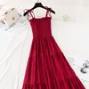 Kadın Yaz Bohemian Kayış Uzun Elbise Kore Vintage Pamuk Keten Ruffled Elbise Sundress Kolsuz Slim Plaj Tatil Elbiseler 210521