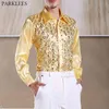 Shiny Gold Sequin Glitter Long Sleeve Shirt Men Fashion Nightclub Party Stage Disco Chorus Shirt for Men Chemise Homme 210628