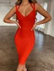 Frauen Sommer Stil Sexy V-ausschnitt Backless Schwarz Rot Verband Kleid Designer Mode Abend Party Kleid Vestido 210329