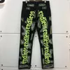 Jeans da uomo in denim con foro infinito e effetto consumato, pantaloni da donna dritti con ricamo a lettera verde fluorescente329E