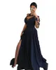 2022 Dark Navy Blue Evening Dresses Wear One Shoulder Long Sleeves Lace Appliques Crystal Beads High Side Split A Line Prom Gowns Sweep Train Plus Size