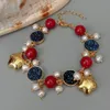 Y·YING Cultured White Pearl Blue Titanium Druzy Red Coral Charm Bracelet Women Wedding Party Gift
