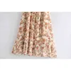 Mode sommar tjej puff ärm blomma tryck vintage torg krage ruffled hög midja split semester midi klänningar för kvinnor 210508