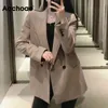 Wiosna Jesień Dorywczo Khaki Blazer Kobiety Podwójne Breasted Eleganckie Biurowe Garnitury Długi Rękaw Damskie Topy Znosić Veste Femme 210413