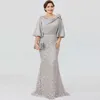 Nowa Srebrna Elegancka Matka panny Młodej Suknie Pół Rękaw Koronki Syrenka Ślubna Sukienka Plus Size Formalne suknie wieczorowe