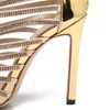 مصارع حذاء للسيدات Strappy Zip Closure Gold Sandal ضيقة الفرقة الكريستالية ديكور رقيقة عالية الكعب Zapatos Mujer