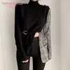AELEGANTMIS Coreano Manta Houndstooth Patchwork Turtleneck Pullovers Mulheres Lace Up Button Chic Sweater Chic Black Jersey Mujer 210607