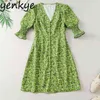 Vert imprimé floral femmes manches courtes col en V mince a-ligne mini élégante dame fête robe d'été vestidos DJF9102 210515