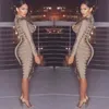 Casual Dresses Olive Green Mesh Rayon Rivet Knee Length Hl Bodycon Bandage Dress 2021 Sexy Monen's Long Sleeve Winter Party