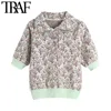 Traf Women Fashion z guzikami Jacquard Knited Sweter Vintage Lapel Collar krótkie rękawe pullover Chic Tops 210415