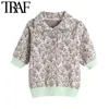 TRAF女性ファッションボタンでファッションJACQUARD KNITTESセータービンテージラペルカラー半袖女性プルオーバーシックトップ210415