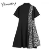 Yitimuceng bloemen print jurk vrouwen zomer patchwork hoge taille korte mouw a-lijn zwart Koreaanse mode MIDI Sundress 210601