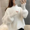 Pulls pour femmes 2021 blanc Mohair épaissir pull à col roulé automne hiver doux mode lanterne manches décontracté couleur unie pull Pull Fe