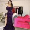 Red Prom Dresses 2021 Modest Short Sleeve Sequins Lace Party Gowns Detachable Trail Off Shoulder Sexy High Split Mermaid Black Purple Evening Formal Gown