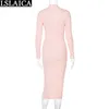 Robe rose Explosive Hollow Out Col rond Manches longues Split Dressws pour femmes Casual Mode Sexy Night Club Kleider Damen 210515