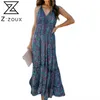 Women Dress V-neck Sleeveless Printing Beach Style es Plus Size Vintage Sexy Long Summer Fashion 210513