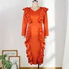 Casual Dresses Office for Ladies 2021 Formell Orange Ruffles High Waist Bodycon Mid Calf Elegant Work Business Pences Dress Midi Ol