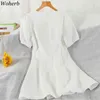 Vintage élégant robe femmes été Chic cordon col en V mince blanc Vestidos mode coréenne à manches courtes Mini robes 210519