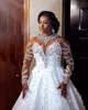 2021 Plus Size Arabski ASO EBI Luksusowe Koronki Kryształy Suknia Ślubna Sheer Neck Długie Rękawy Zroszony A-Line Suknie Ślubne Suknie ZJ066