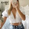 V Neck Ruched White Crop Tops Kvinnor Lace Button Up Cotton Blouse Puff Sleeve Summer Beach Cherry Print 210427