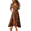 Einreiher Umlegekragen Vintage Blumendruck Langarmkleid Frauen Casual Bandage Mittelkalb Länge Streetwear Kleider 210608