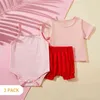 3-24m Sommar 3PCs Baby Girl Cotton Romper Söt Solid Short-Sleeve T-shirt Kläder Ange Ankomst 210528