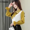 Kadın Bluz Gömlek Beyaz Gömlek Papyon Yaka Uzun Kollu Moda Baskı Kore Ofis Faux Tops İki Parçalı Bluz Bayan Blusas