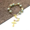 Pulseiras Cruz Strand Imitaiton Pearl Beades Gold Jesus Rosário Pulseira para Homens Mulheres