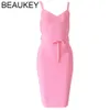 Beaukey Moda Rosa Sexy Bandage Vestidos Mulheres Espaguete Correia Cinto Sashes Verde Branco V Neck Festa Clube Vestidos Bodycon 210409