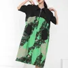 [EAM] Women Green Print Pocket Spliced Big Size Dress Lapel Half Sleeve Loose Fit Fashion Spring Summer 1DD7305 210512