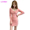 [LDYRWQY] Fashion sexy showing chest temperament waist slimming plus velvet thickening hip bottoming dress women 210416