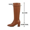 FashionWoman Boots Square Heel Knee-High Classic Toe PU Leather Zip Party Dress Dance Shoes Botas mujer 31-43 211105