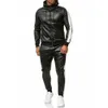 PU Läder Män Tracksuit Hooded Mäns Set Casual 2 Pieces Set Faux Läderjacka + Byxor Motorcykel Sportdräkt Mens Kläder 210806