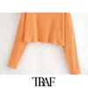 TRAF Women Fashion Loose Beskuren Orange Stickad Sweater Vintage O Neck Långärmad Kvinnlig Pullovers Chic Toppar 210415