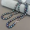 9*12mm natural Freshwater cultured Black Rice Pearl Long Necklace cz pave clasp For office Style Women Party gift