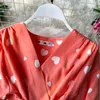 Женская осень насыщенная талия V-образным вырезом повязки платья панелей печатают большие качели MIDI платье кружев на лепесток рукав Vestidos PL389 210506