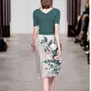 HMA Autumn Women Elegant Knit Sweater Top Green Slim Pullovers +High Waist Floral Skirts Suit Female Two Piece Set 210730