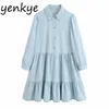 Vintage Autumn Women Light Blue Roll-up Long Sleeve Lapel Collar Casual Plus Size Short Denim Dress Vestido 210514