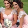 2021 bescheiden ontwerp elegant roze een lijn bruiloft bruidsmeisje jurken cap sleeves kant applicaties kralen chiffon vloer lengte junior bruidsmeisje dresse