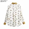 Zevity Mulheres Vintage Turn Down Collar Patchwork Impressão Cetim Blusa Feminina Tigre Kimono Camisas Chic Blusas Tops LS7658 210603