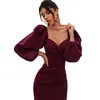 Casual Dresses Spring And Summer Women's Lantern Sleeve One Shoulder Solid Color Sexy Close Waist Open Back Show Thin Over The Knee Dress