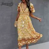 Surplice Neck Czeski Druku Krótki Rękaw Sukienki Kobiety Letnie wakacje Boho Casual Tassel Tie Waist Swing Długa Dress 210510