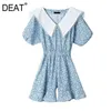 [DEAT] Summer Fashion Short Sleeve Doll Collar High Waist Printing Wide Leg Pants Elegant Women Jumpsuit 13C835 210527