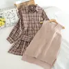 Wohreb Retro Plaid Loose Shirt Mini Pleated Dress + Knitted Vest Bag 3 Pieces Set Women Autumn Elegant Outfits Korean Suit 210519