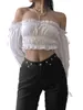 Kvinnor T-shirt Kvinna Long Flare Sleeve Off-the-Shoulder Short Tops Eleganta Damer Ruffles Solid Slim Ruched Kläder 210522