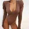 Kobiet V Neck Puffer Długim Rękawem Body Bodycon Romper Trening Sexy Plays Uchwyty Kobiece Stroje Kombinezony dla kobiet 210517