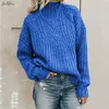 Women Vintage Knitted Pullovers Sweater Autumn Winter Fashion Blue Long Sleeve Turtleneck Sweater Tops New Arrival Jumper Female 210415
