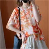 Arrival Summer Arts Style Women Short Sleeve Loose V-neck T-shirt Vintage Print Cotton Linen Casual Tee Shirt Femme Tops M42 210512